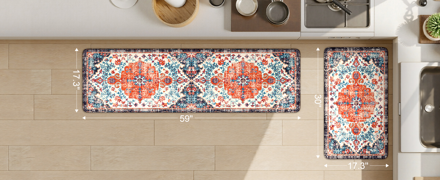 KIMODE Anti Fatigue Kitchen Mat, Boho Vintage Kitchen Rugs Sets of 2, Cushioned Non-Slip Kitchen Mats for Floor, Comfort Kitchen Floor Mats for Sink, Laundry, Desk Orange/Purple,17