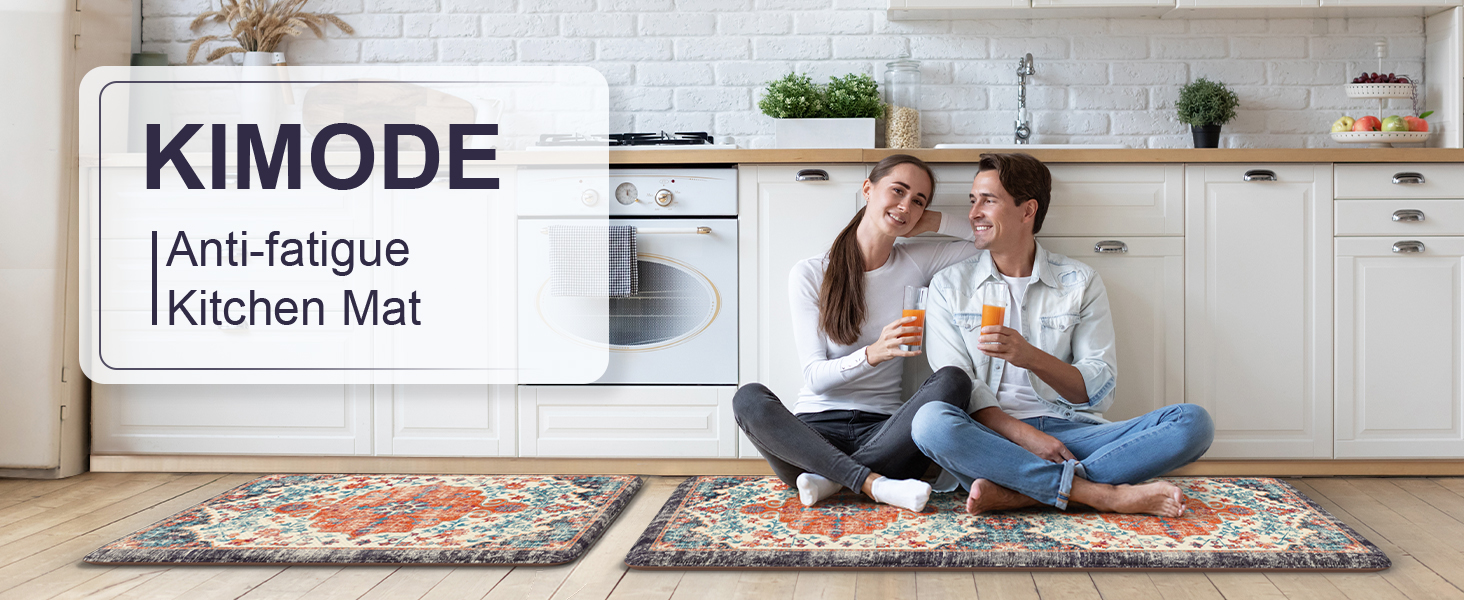KIMODE Anti Fatigue Kitchen Mat, Boho Vintage Kitchen Rugs Sets of 2, Cushioned Non-Slip Kitchen Mats for Floor, Comfort Kitchen Floor Mats for Sink, Laundry, Desk Orange/Purple,17