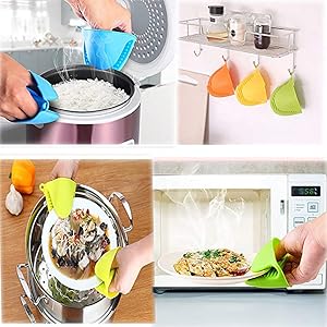 Silicone Kitchen Oven Mitts Set, Mini Finger Protector Cooking Pinch Grips Pot Holder Toaster Oven Accessories,BBQ Baking Mittens Heat Resistant Gloves, 2 Pairs(Black and Cool Gray)