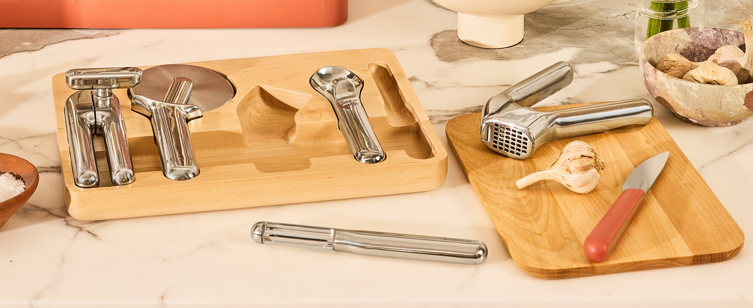 Caraway Kitchen Gadget Set - 5 Piece Kitchen Essentials - Stainless Steel - Includes Can Opener, Pizza Cutter, Garlic Press, Ice Cream Scoop, Vegetable Peeler, and Storage Organizer