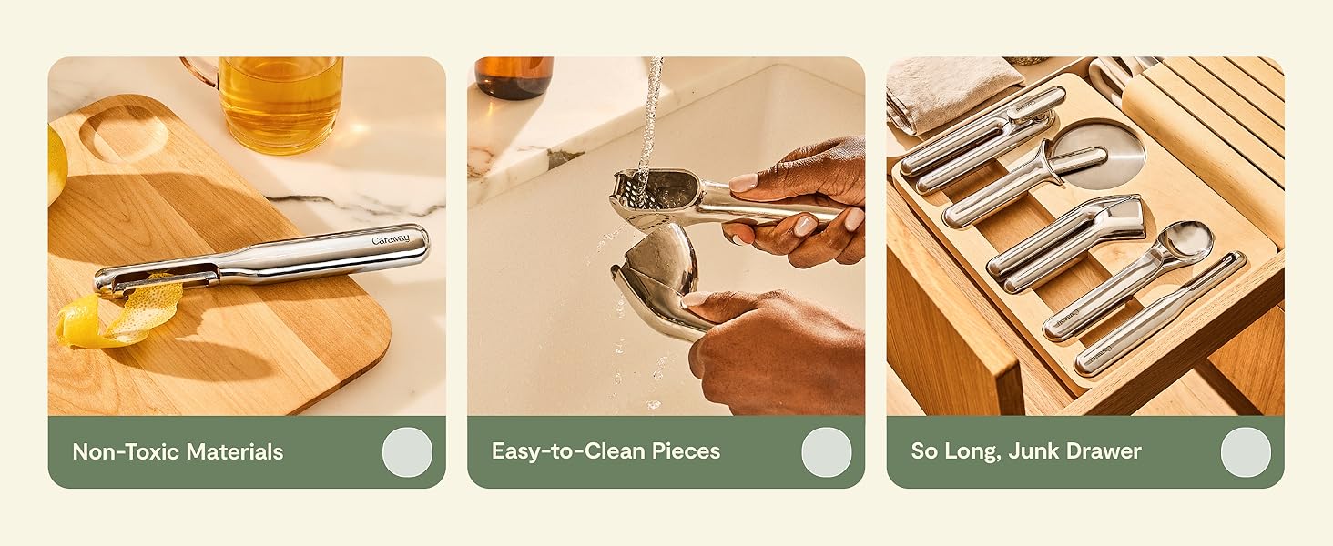Caraway Kitchen Gadget Set - 5 Piece Kitchen Essentials - Stainless Steel - Includes Can Opener, Pizza Cutter, Garlic Press, Ice Cream Scoop, Vegetable Peeler, and Storage Organizer