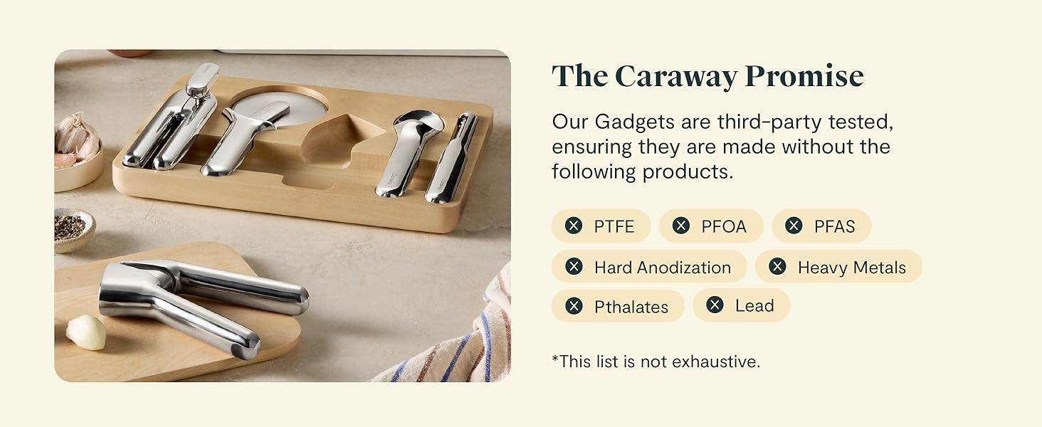 Caraway Kitchen Gadget Set - 5 Piece Kitchen Essentials - Stainless Steel - Includes Can Opener, Pizza Cutter, Garlic Press, Ice Cream Scoop, Vegetable Peeler, and Storage Organizer