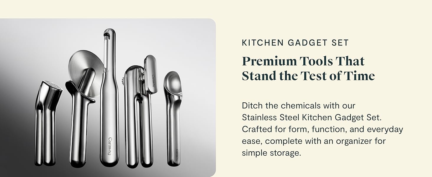 Caraway Kitchen Gadget Set - 5 Piece Kitchen Essentials - Stainless Steel - Includes Can Opener, Pizza Cutter, Garlic Press, Ice Cream Scoop, Vegetable Peeler, and Storage Organizer