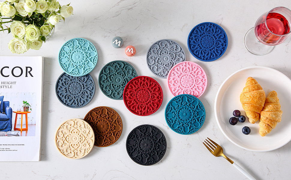 Colinda Silicone Coasters - Set of 6 with Holder, Non-Slip Cup Mats for Hot and Cold Drinks, Decorative Designs, Gift Ready Packaging,Beige