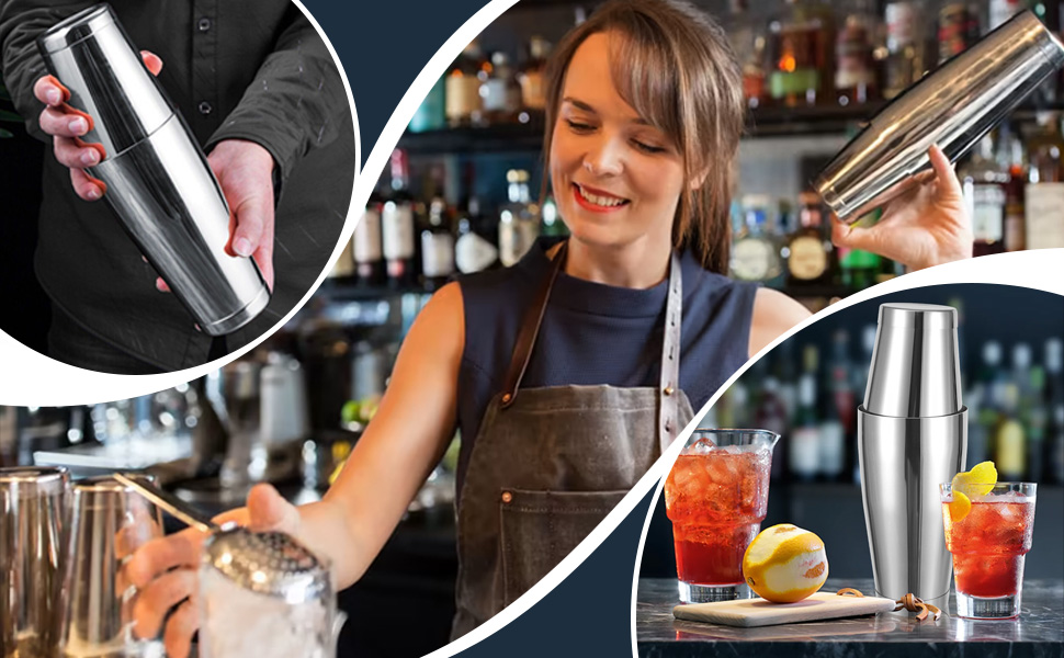 Mwellewm 8 Pcs Cocktail Shaker Boston Shaker Set Professional Bartender Kit Bar Stainless Steel Drink Shaker Bartending Martini Tin with 18oz & 28oz Mixed Alcohol Tool for Beginner(Silver)