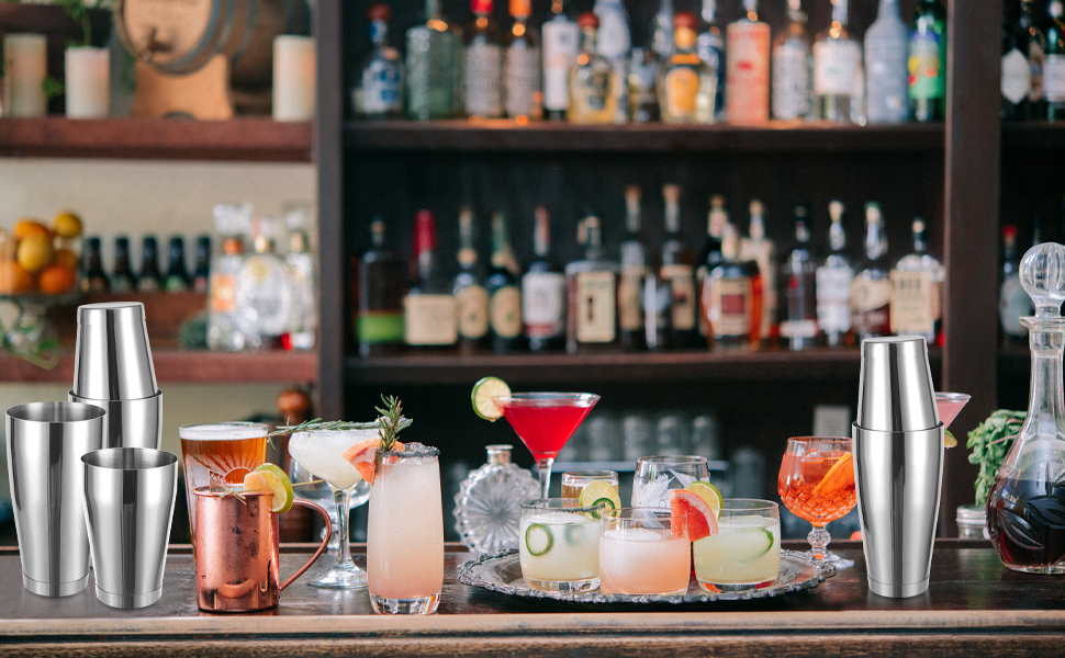 Mwellewm 8 Pcs Cocktail Shaker Boston Shaker Set Professional Bartender Kit Bar Stainless Steel Drink Shaker Bartending Martini Tin with 18oz & 28oz Mixed Alcohol Tool for Beginner(Silver)