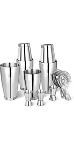 Mwellewm 8 Pcs Cocktail Shaker Boston Shaker Set Professional Bartender Kit Bar Stainless Steel Drink Shaker Bartending Martini Tin with 18oz & 28oz Mixed Alcohol Tool for Beginner(Silver)