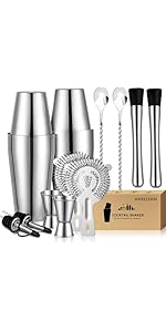Mwellewm 8 Pcs Cocktail Shaker Boston Shaker Set Professional Bartender Kit Bar Stainless Steel Drink Shaker Bartending Martini Tin with 18oz & 28oz Mixed Alcohol Tool for Beginner(Silver)