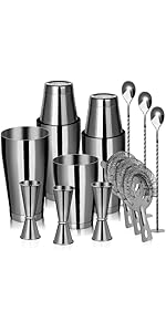 Mwellewm 8 Pcs Cocktail Shaker Boston Shaker Set Professional Bartender Kit Bar Stainless Steel Drink Shaker Bartending Martini Tin with 18oz & 28oz Mixed Alcohol Tool for Beginner(Silver)