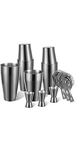 Mwellewm 8 Pcs Cocktail Shaker Boston Shaker Set Professional Bartender Kit Bar Stainless Steel Drink Shaker Bartending Martini Tin with 18oz & 28oz Mixed Alcohol Tool for Beginner(Silver)