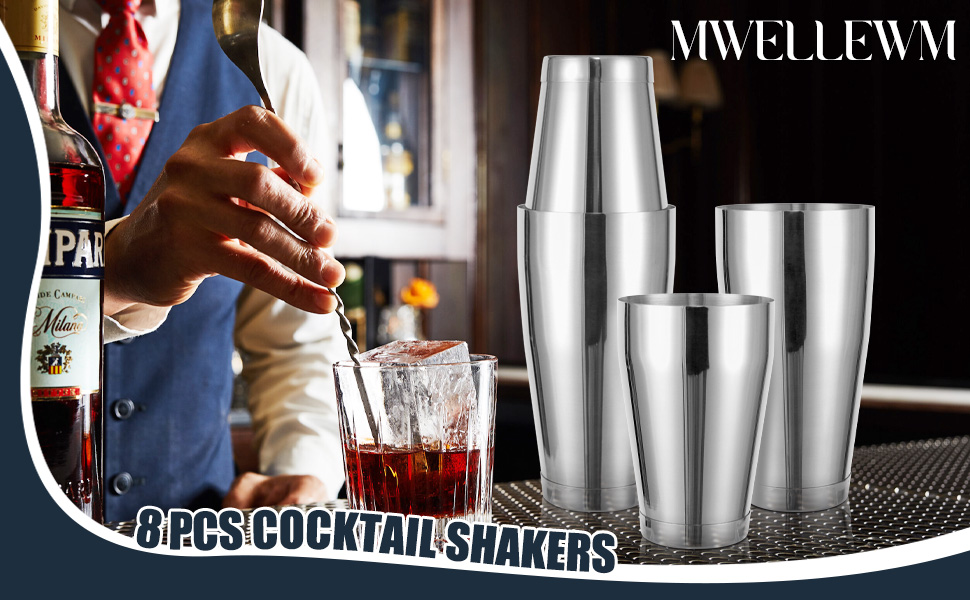 Mwellewm 8 Pcs Cocktail Shaker Boston Shaker Set Professional Bartender Kit Bar Stainless Steel Drink Shaker Bartending Martini Tin with 18oz & 28oz Mixed Alcohol Tool for Beginner(Silver)