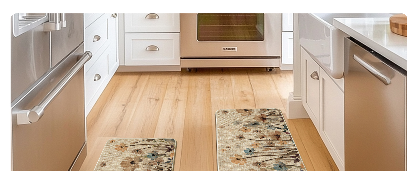 Artoid Mode Brown Poppy Floral Leaves Spring Kitchen Mats Set of 2, Spring Home Decor Low-Profile Kitchen Rugs for Floor - 17x29 and 17x47 Inch