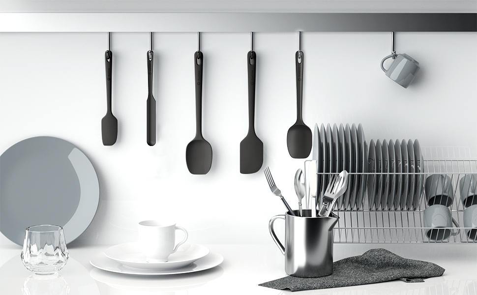 5 Pieces Silicone Spatula Set, Food Grade Rubber Spatula, Upgrade Strong Handle with Ergonomic Grip, Heat Resistant Up to 600°F for Nonstick Cookware, Cooking Black