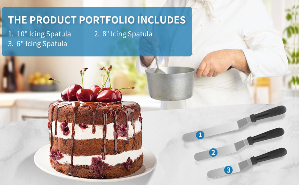 3 PCS Icing Spatulas, Offset Spatula, Stainless Steel Cake Decorating Spatulas Set 6/8/10 inch Professional Angled Cake Spatula Plastic Frosting Handle for Home, Kitchen or Bakery by XEKIGU