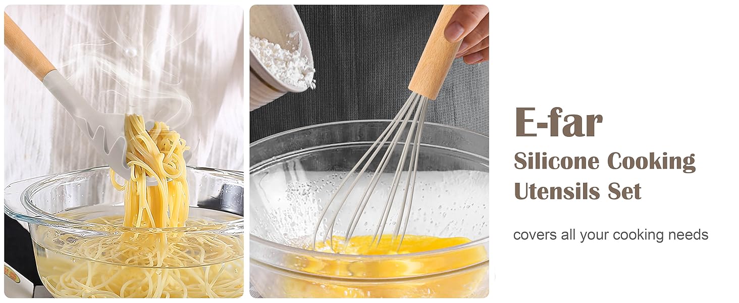 E-far Silicone Cooking Utensils Set, 10-Piece Heat Resistant Kitchen Utensils Set with Wooden Handle for Nonstick Cookware, Kitchen Nonstick Tools Spatula Whisk Tongs Ladle, Non-toxic & Healthy(Khaki)