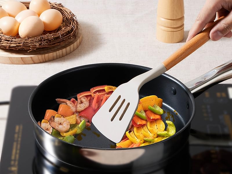 E-far Silicone Cooking Utensils Set, 10-Piece Heat Resistant Kitchen Utensils Set with Wooden Handle for Nonstick Cookware, Kitchen Nonstick Tools Spatula Whisk Tongs Ladle, Non-toxic & Healthy(Khaki)