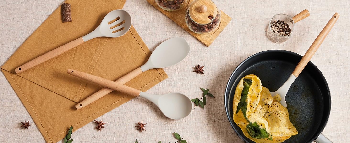 E-far Silicone Cooking Utensils Set, 10-Piece Heat Resistant Kitchen Utensils Set with Wooden Handle for Nonstick Cookware, Kitchen Nonstick Tools Spatula Whisk Tongs Ladle, Non-toxic & Healthy(Khaki)