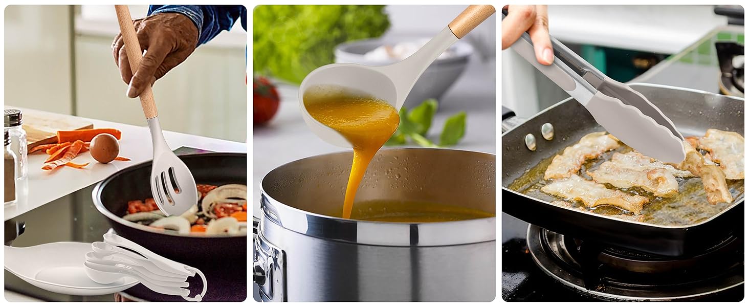 E-far Silicone Cooking Utensils Set, 10-Piece Heat Resistant Kitchen Utensils Set with Wooden Handle for Nonstick Cookware, Kitchen Nonstick Tools Spatula Whisk Tongs Ladle, Non-toxic & Healthy(Khaki)