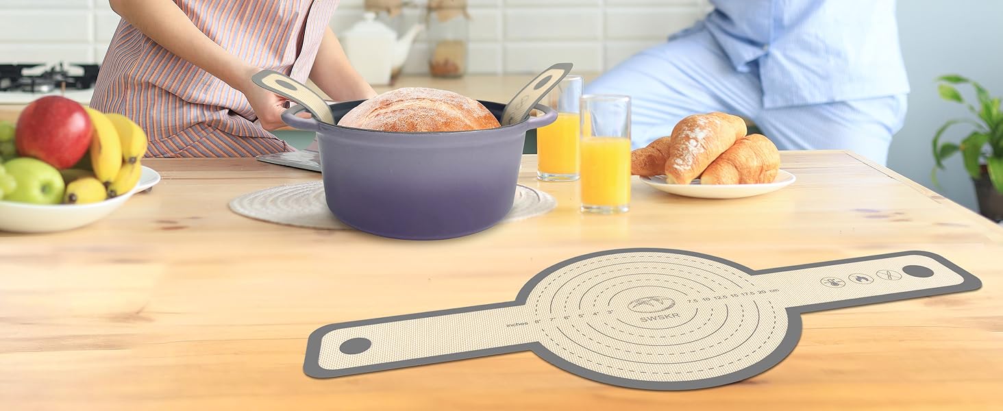 Silicone Bread Sling for Dutch Oven, 2 Pcs Non-Stick & no objectional odor Bread Baking Mat Set, antislip Reusable Bread Sling with Long Handle to Transfer Sourdough, large, Gray