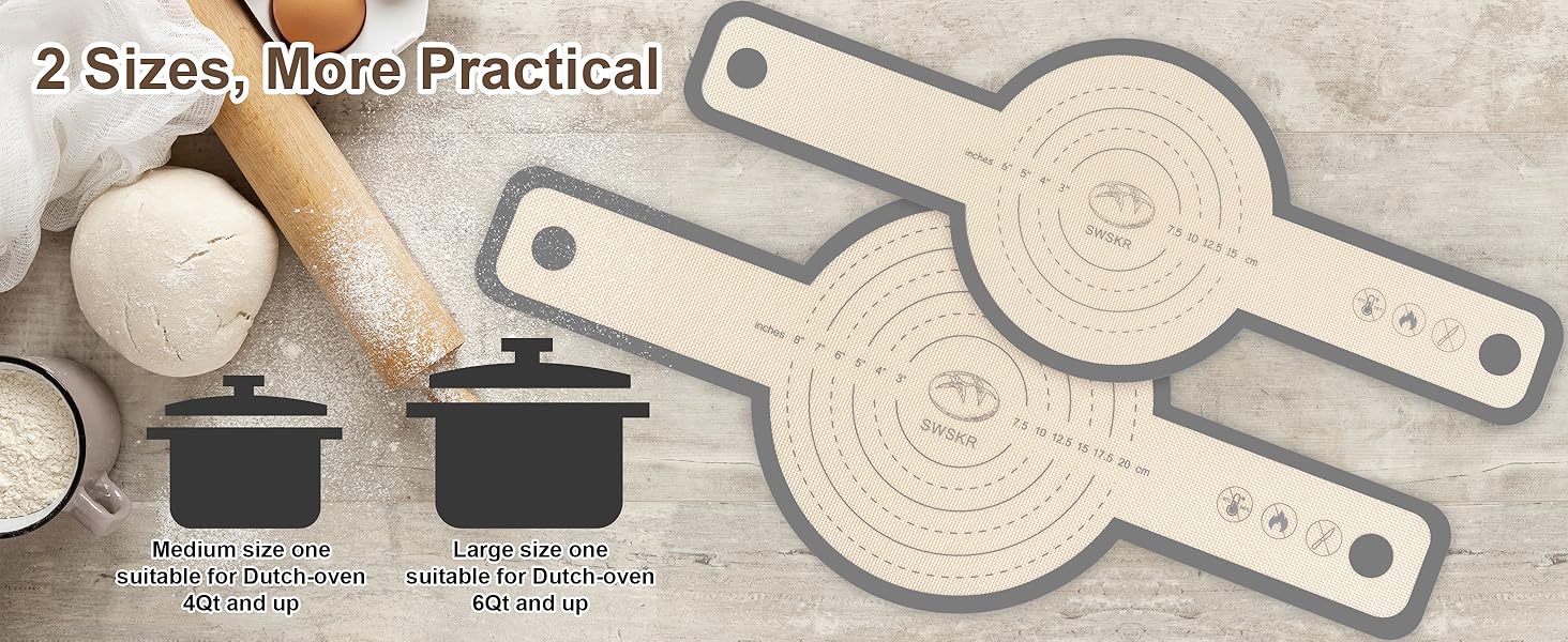 Silicone Bread Sling for Dutch Oven, 2 Pcs Non-Stick & no objectional odor Bread Baking Mat Set, antislip Reusable Bread Sling with Long Handle to Transfer Sourdough, large, Gray
