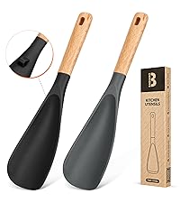 Cooking Spoon for Nonstick Cookwares, Great for Cooking and Serving Sturdy BPA-Free Matte Silicone, Wood Handle Spoon for Mixing, Scoop, and Scrape (Black & Grey, 11.4 inch)