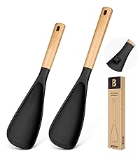 Cooking Spoon for Nonstick Cookwares, Great for Cooking and Serving Sturdy BPA-Free Matte Silicone, Wood Handle Spoon for Mixing, Scoop, and Scrape (Black & Grey, 11.4 inch)