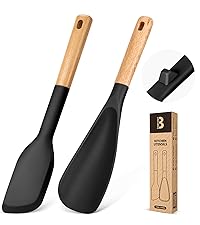 Cooking Spoon for Nonstick Cookwares, Great for Cooking and Serving Sturdy BPA-Free Matte Silicone, Wood Handle Spoon for Mixing, Scoop, and Scrape (Black & Grey, 11.4 inch)