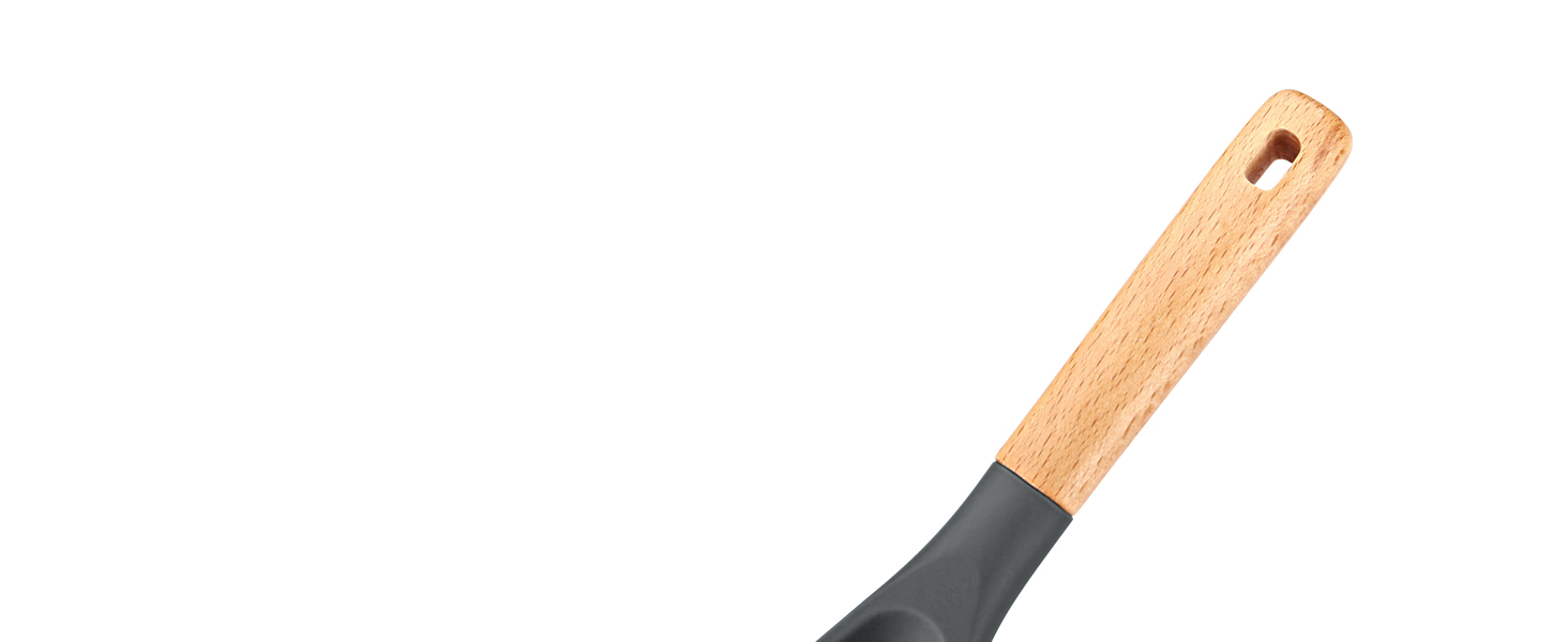 Cooking Spoon for Nonstick Cookwares, Great for Cooking and Serving Sturdy BPA-Free Matte Silicone, Wood Handle Spoon for Mixing, Scoop, and Scrape (Black & Grey, 11.4 inch)