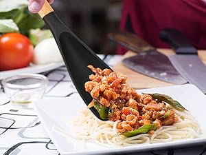 Cooking Spoon for Nonstick Cookwares, Great for Cooking and Serving Sturdy BPA-Free Matte Silicone, Wood Handle Spoon for Mixing, Scoop, and Scrape (Black & Grey, 11.4 inch)