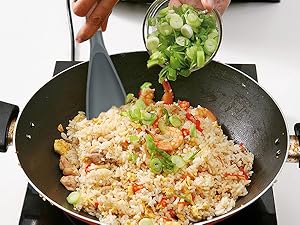 Cooking Spoon for Nonstick Cookwares, Great for Cooking and Serving Sturdy BPA-Free Matte Silicone, Wood Handle Spoon for Mixing, Scoop, and Scrape (Black & Grey, 11.4 inch)