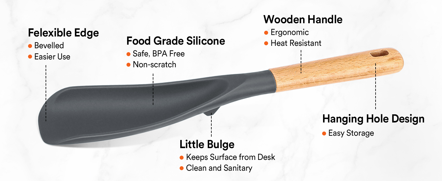 Cooking Spoon for Nonstick Cookwares, Great for Cooking and Serving Sturdy BPA-Free Matte Silicone, Wood Handle Spoon for Mixing, Scoop, and Scrape (Black & Grey, 11.4 inch)