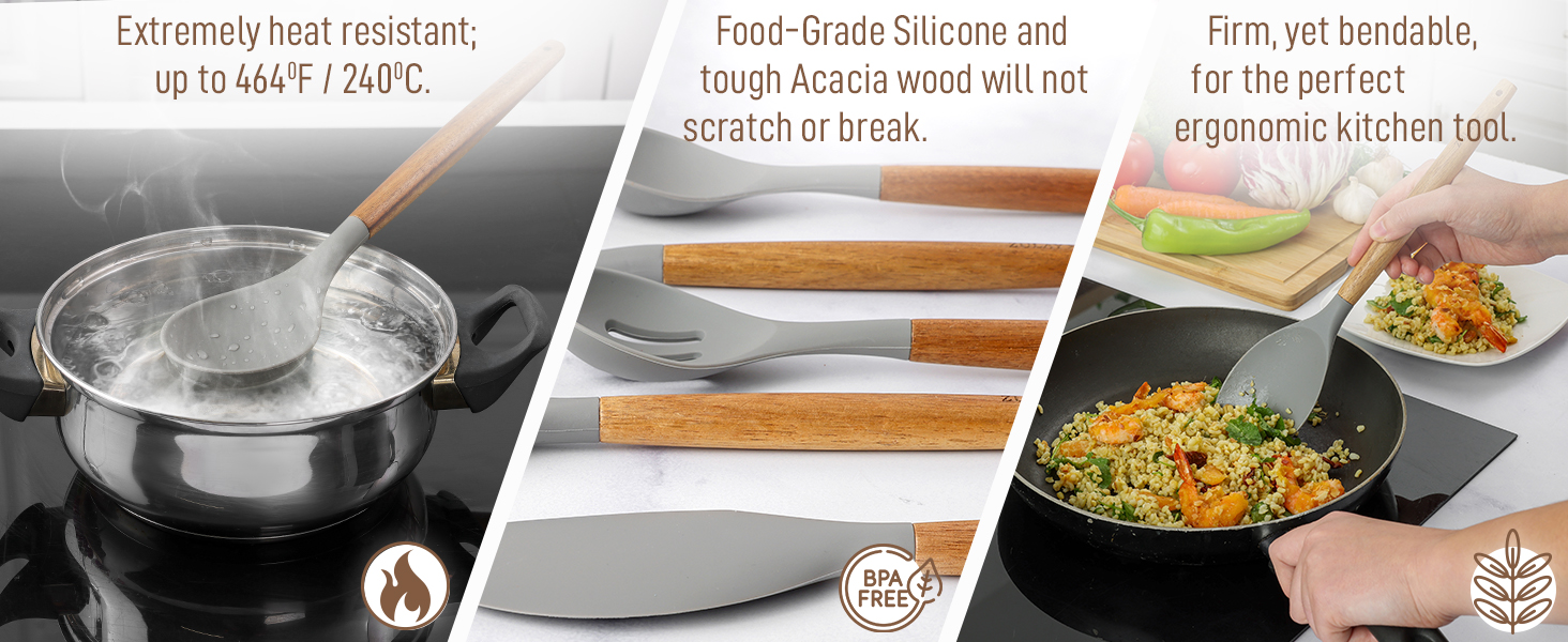 Zulay Kitchen Utensils Set Non-Stick Silicone Cooking Utensils Set with Authentic Acacia Wood Handles - 5 Piece Silicone Utensil Set - Kitchen Utensils Set with 464°F Heat Resistance - Gray