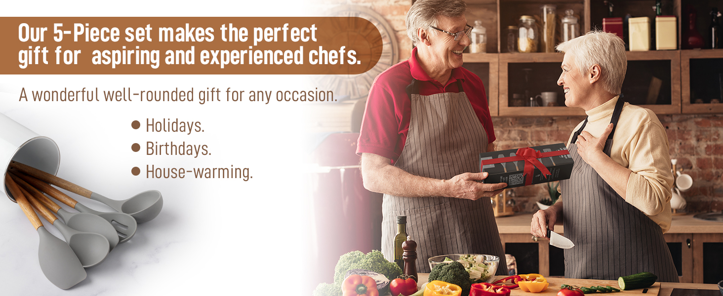 Zulay Kitchen Utensils Set Non-Stick Silicone Cooking Utensils Set with Authentic Acacia Wood Handles - 5 Piece Silicone Utensil Set - Kitchen Utensils Set with 464°F Heat Resistance - Gray