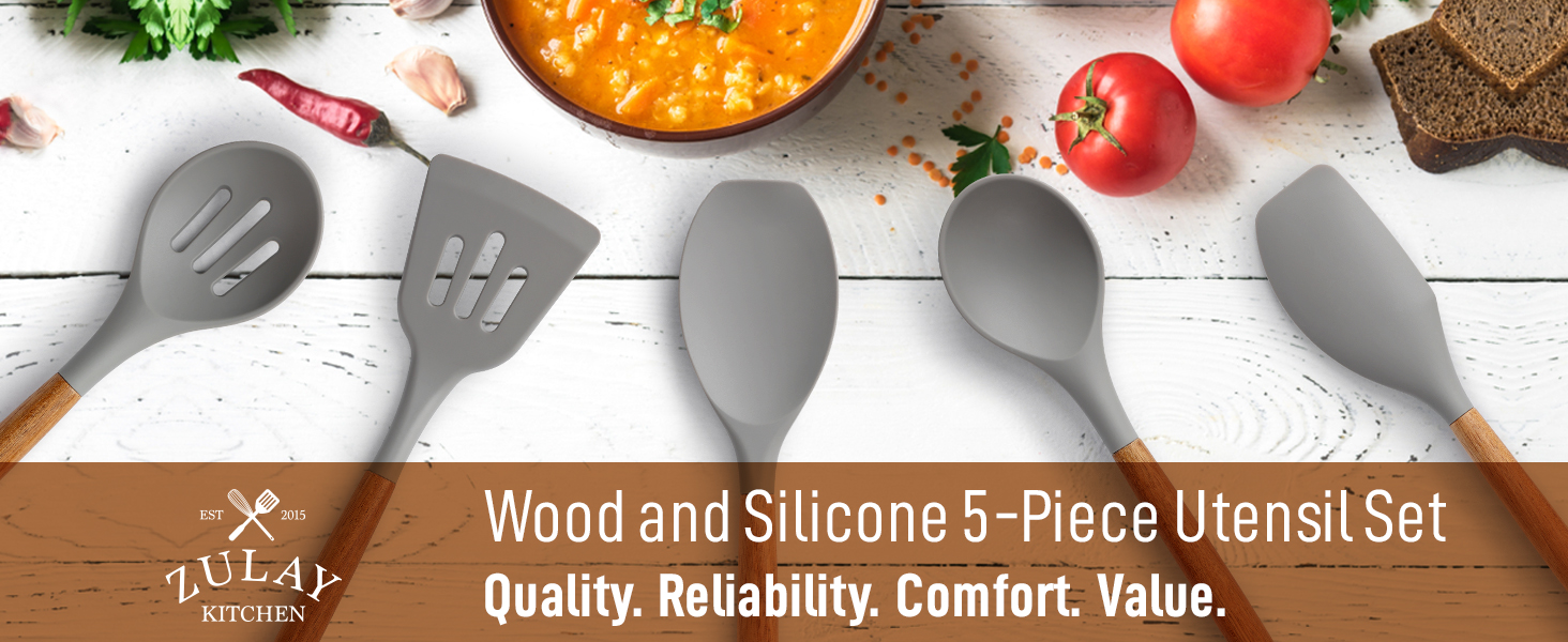 Zulay Kitchen Utensils Set Non-Stick Silicone Cooking Utensils Set with Authentic Acacia Wood Handles - 5 Piece Silicone Utensil Set - Kitchen Utensils Set with 464°F Heat Resistance - Gray
