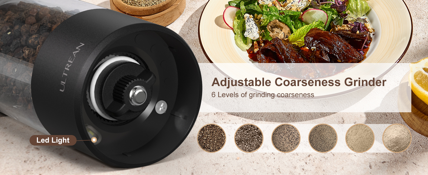 Ultrean Pepper Grinder, Rechargeable Salt and Pepper Grinder with 6 Adjustable Coarseness, LED Light, Automatic Grinder for Kitchen, Home and Kitchen Appliances Birthday Gifts for Women, Black