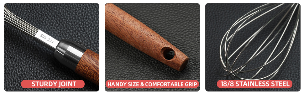 Stainless Steel Wire Whisk for Cooking- Wooden Handle Kitchen Multi Function Non Stick Balloon Whisk Egg Beater for Blending Whisking Beating Frothing Stirring Batters (9