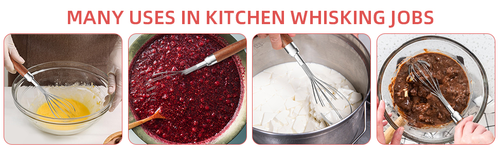 Stainless Steel Wire Whisk for Cooking- Wooden Handle Kitchen Multi Function Non Stick Balloon Whisk Egg Beater for Blending Whisking Beating Frothing Stirring Batters (9