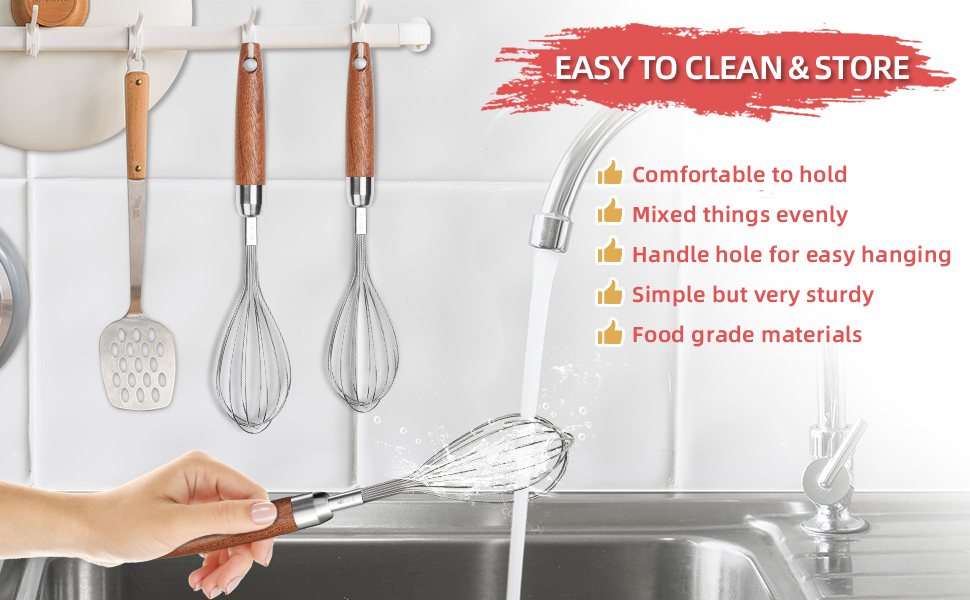 Stainless Steel Wire Whisk for Cooking- Wooden Handle Kitchen Multi Function Non Stick Balloon Whisk Egg Beater for Blending Whisking Beating Frothing Stirring Batters (9