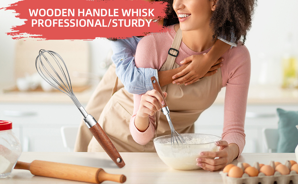 Stainless Steel Wire Whisk for Cooking- Wooden Handle Kitchen Multi Function Non Stick Balloon Whisk Egg Beater for Blending Whisking Beating Frothing Stirring Batters (9