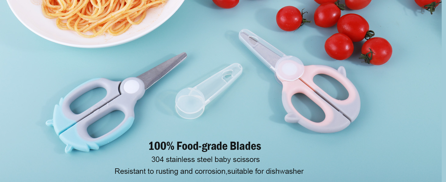 Baby Food Scissors Kicthen Shears - Healthy Portable Cute Kitchen Scissors with Dust Cover and Storage Travel Case - Ideal for Cutting Meat, Chicken, Vegetables, Fruits(Bee Blue+Panda Pink)