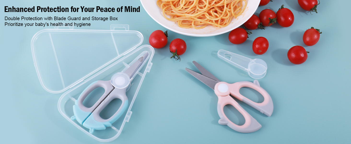 Baby Food Scissors Kicthen Shears - Healthy Portable Cute Kitchen Scissors with Dust Cover and Storage Travel Case - Ideal for Cutting Meat, Chicken, Vegetables, Fruits(Bee Blue+Panda Pink)