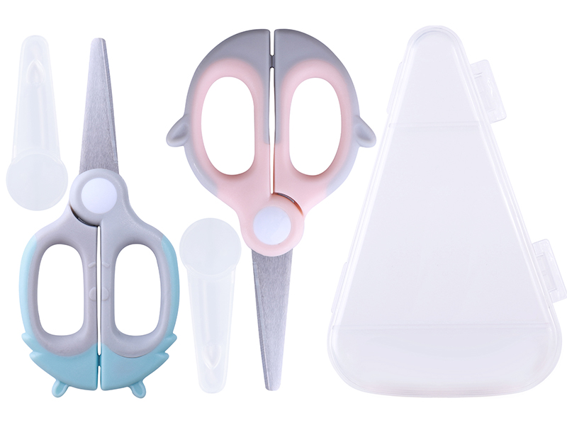 Baby Food Scissors Kicthen Shears - Healthy Portable Cute Kitchen Scissors with Dust Cover and Storage Travel Case - Ideal for Cutting Meat, Chicken, Vegetables, Fruits(Bee Blue+Panda Pink)