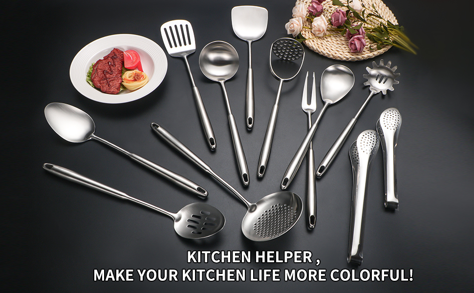 304 Stainlss Steel Kitchen Utensils Set, 12 Pcs Long Metal Cooking Utensil Gadgets Tools Set with Spatula, Ladle, Spoon, Ladle, Skimmer, Tunner, Pasta Server, Tongs(Silver, Dishwasher Safe)