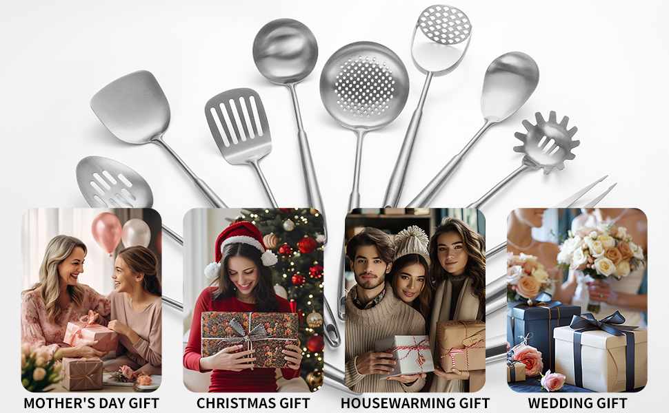 304 Stainlss Steel Kitchen Utensils Set, 12 Pcs Long Metal Cooking Utensil Gadgets Tools Set with Spatula, Ladle, Spoon, Ladle, Skimmer, Tunner, Pasta Server, Tongs(Silver, Dishwasher Safe)