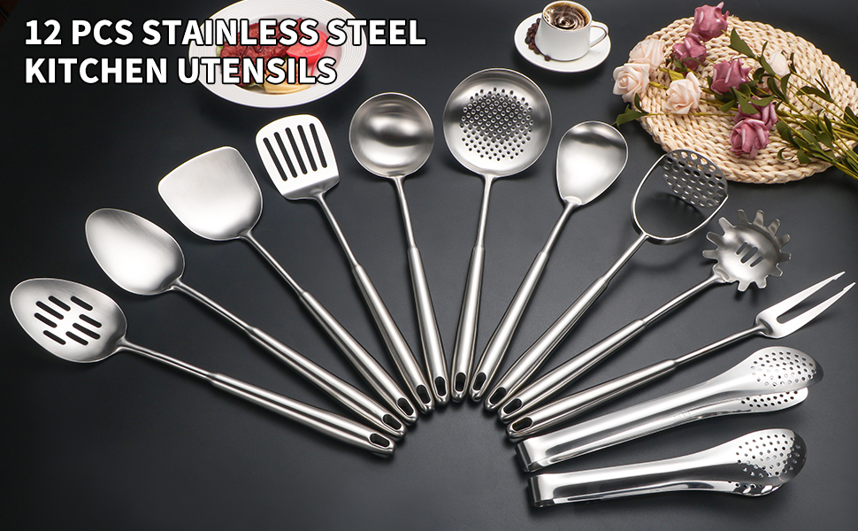 304 Stainlss Steel Kitchen Utensils Set, 12 Pcs Long Metal Cooking Utensil Gadgets Tools Set with Spatula, Ladle, Spoon, Ladle, Skimmer, Tunner, Pasta Server, Tongs(Silver, Dishwasher Safe)