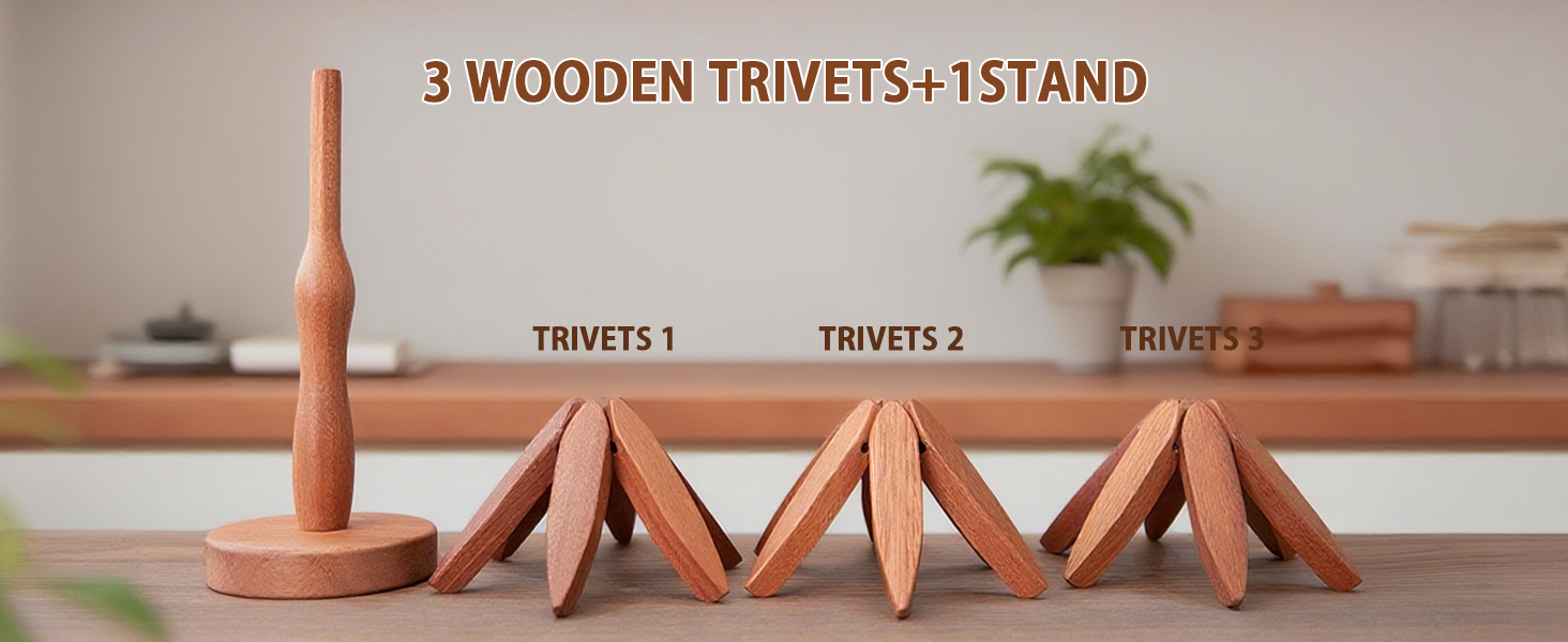 New Set of 3 Kitchen Table Decor Foldable Wooden Trivets for Hot Pots and Pans,Tree Shape Trivets