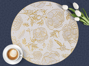 FAVE 6PCS Floral Round Placemats Golden Placemats Vinyl Placemats Set of 6 for Dining Table Reusable Metallic Shiny Gold Placemats for Wedding, Banquet, Birthday, Party, Restaurant （15 x15,Gold）