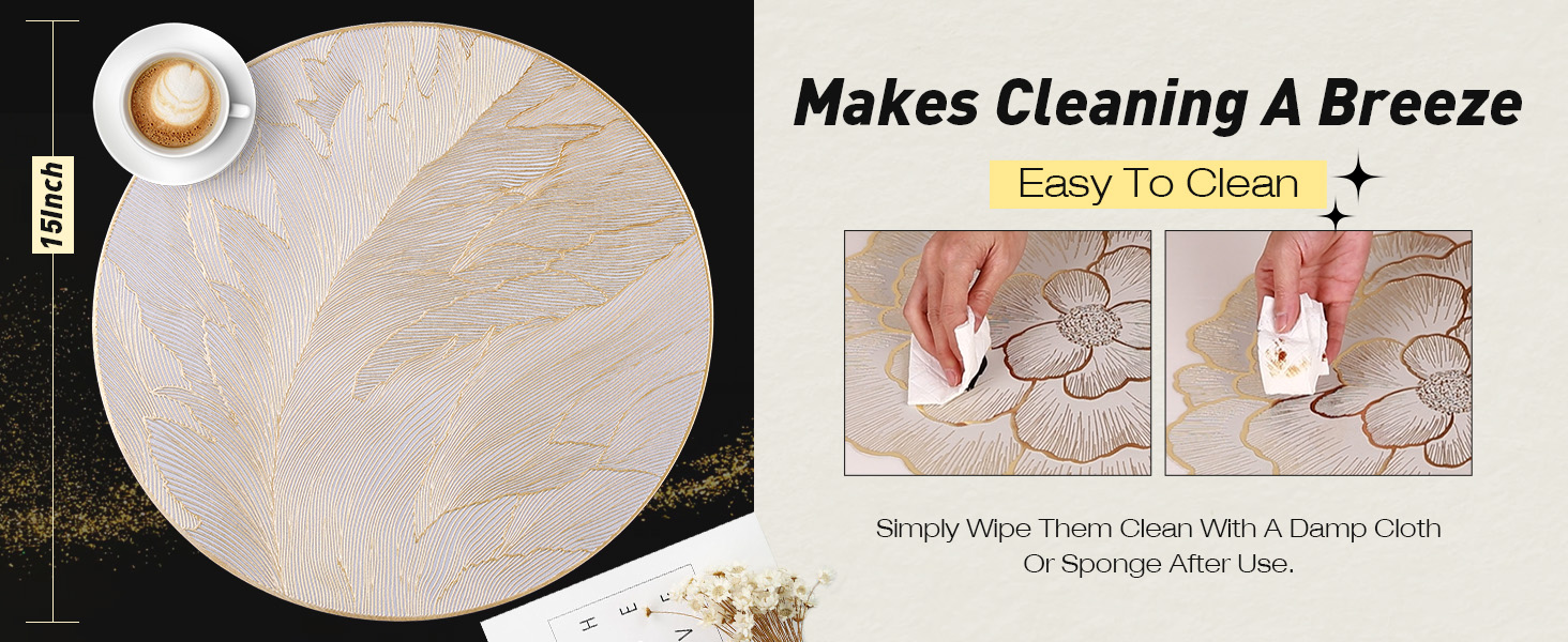 FAVE 6PCS Floral Round Placemats Golden Placemats Vinyl Placemats Set of 6 for Dining Table Reusable Metallic Shiny Gold Placemats for Wedding, Banquet, Birthday, Party, Restaurant （15 x15,Gold）