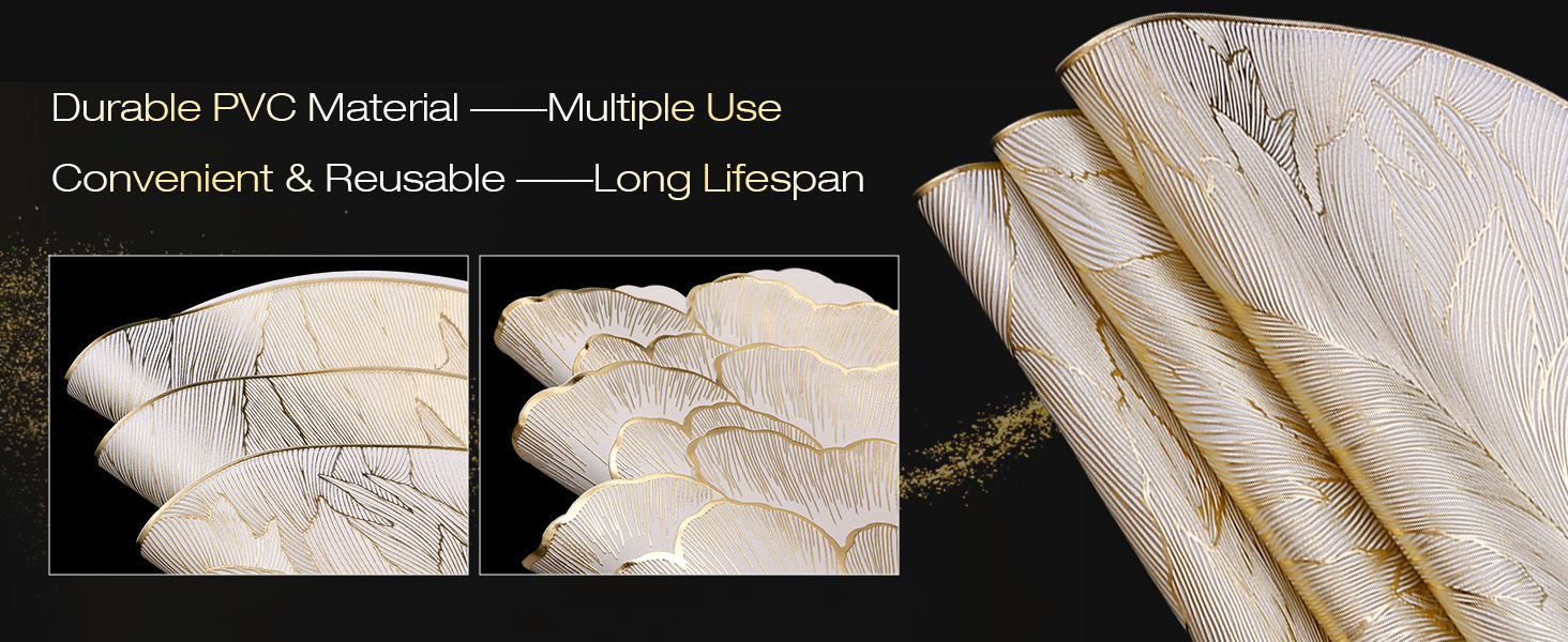 FAVE 6PCS Floral Round Placemats Golden Placemats Vinyl Placemats Set of 6 for Dining Table Reusable Metallic Shiny Gold Placemats for Wedding, Banquet, Birthday, Party, Restaurant （15 x15,Gold）