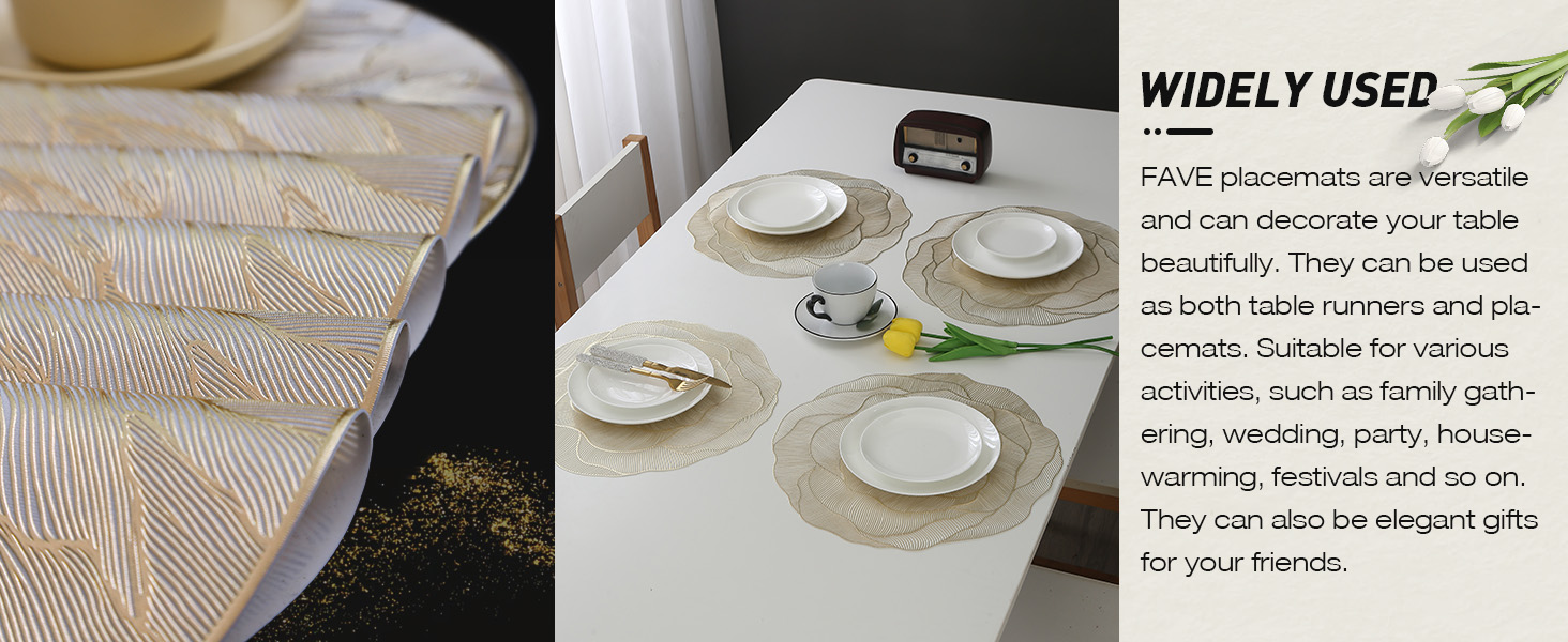 FAVE 6PCS Floral Round Placemats Golden Placemats Vinyl Placemats Set of 6 for Dining Table Reusable Metallic Shiny Gold Placemats for Wedding, Banquet, Birthday, Party, Restaurant （15 x15,Gold）